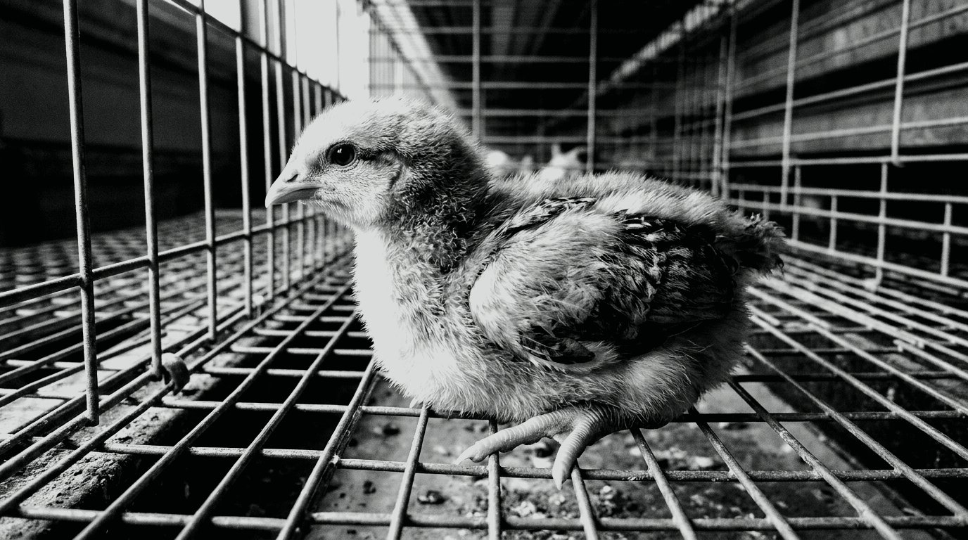 Broiler chicks gathering at a feeder pan under heat during the brooding phase