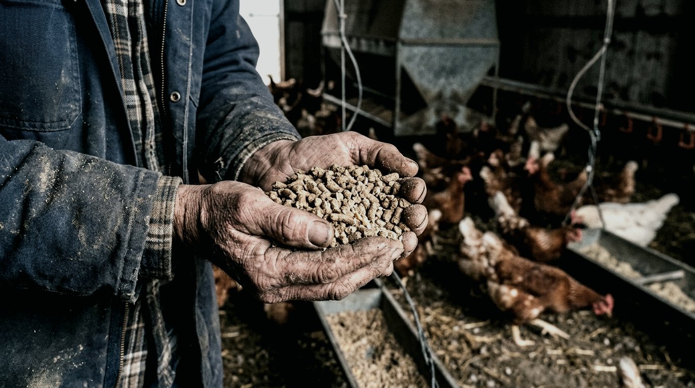 Feed being tipped onto the floor of a broiler house