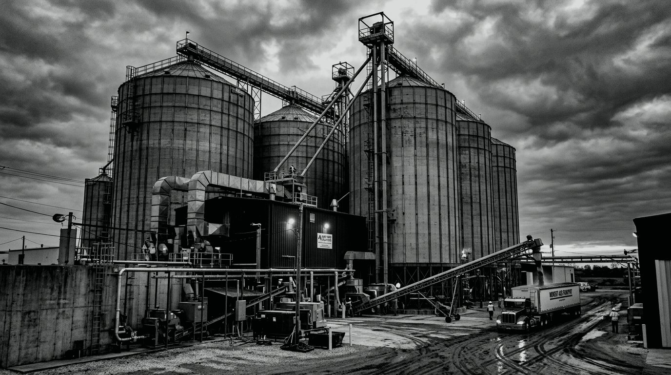 Feed storage silos standing beside a commercial poultry unit at first light