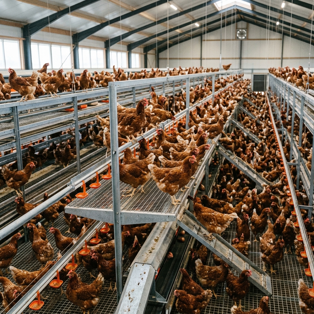 A commercial layer flock in daylight inside a working poultry house