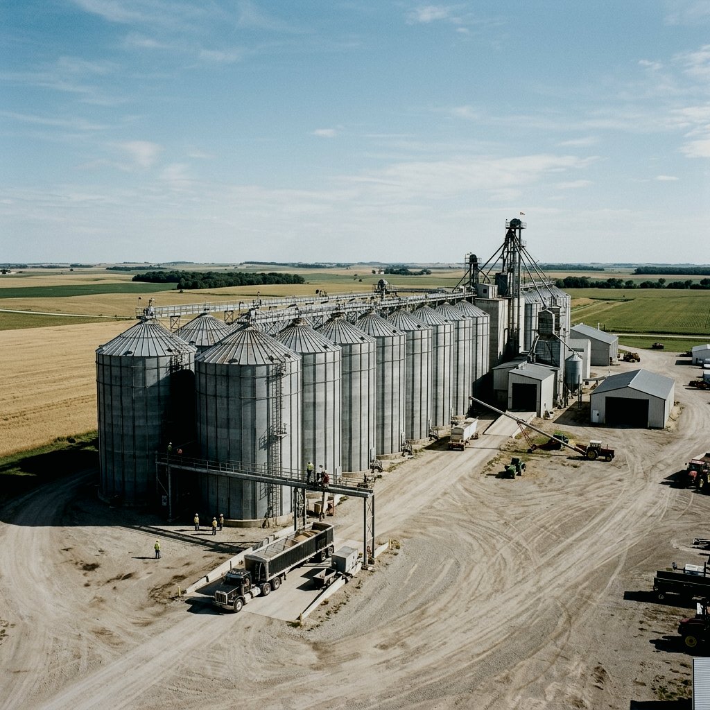 Feed storage silos standing against an open sky beside a commercial mill