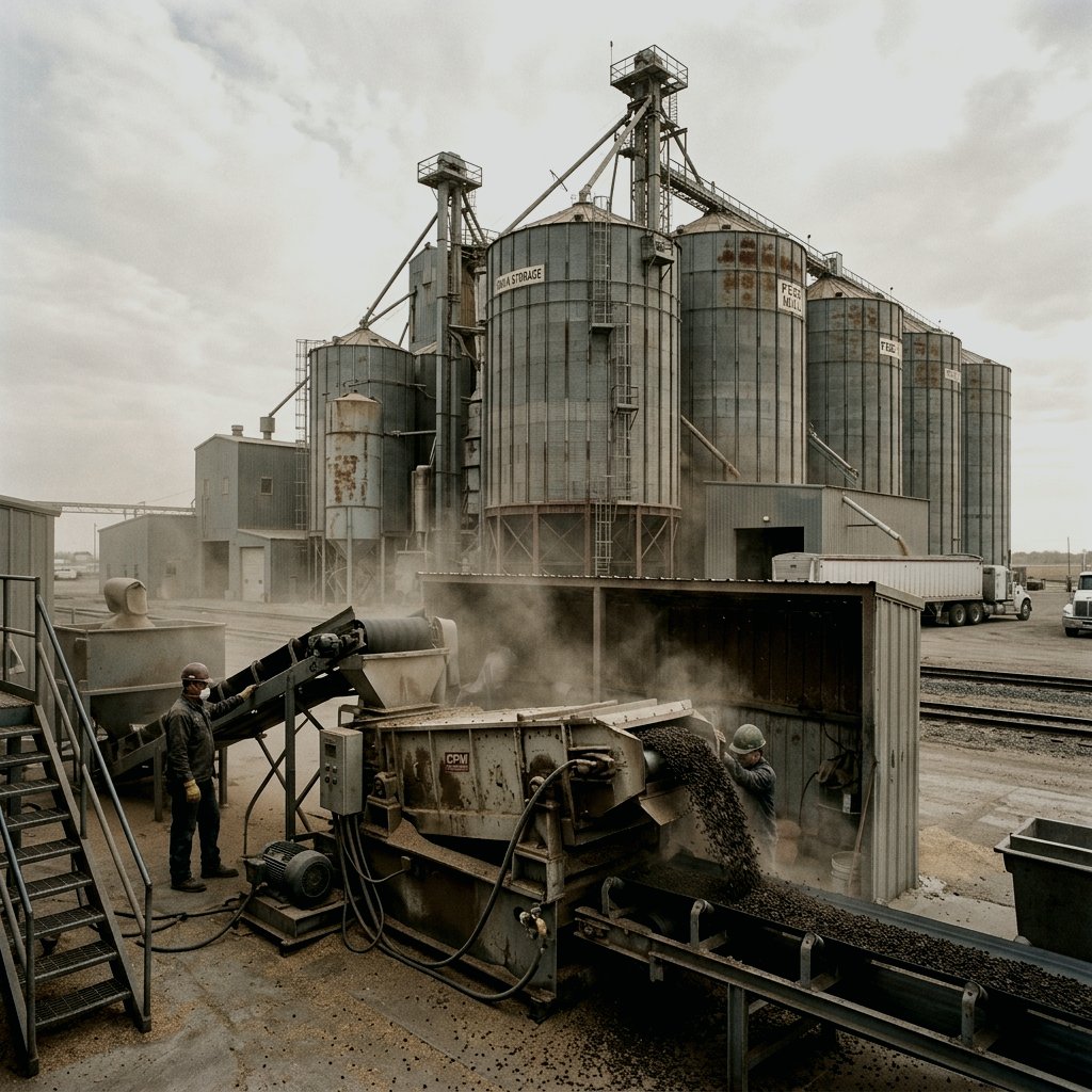The exterior of a commercial feed mill with its intake and blending towers at dusk