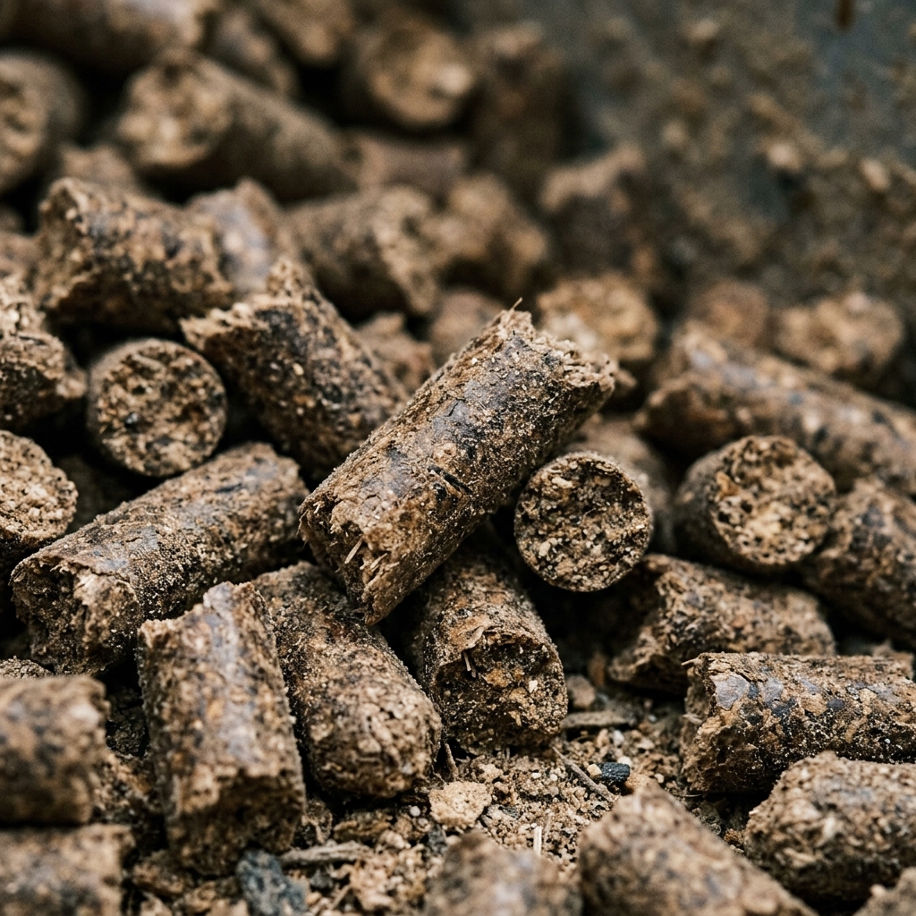 A close view of pelleted poultry feed showing the texture and colour of the finished ration